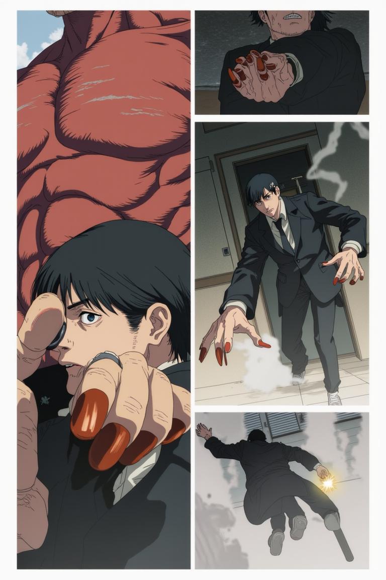 第6章:Collapse and Oden: Shisan and Aki
Inside a crumbling building the Muscle Devil smashes pillars and goads Shisan out of hiding. Aki fights wildly, Shisan's Gluttony-bound claws strike and become trapped as the Muscle Devil reveals the true snare — only to be decapitated by Aki's blade. After the rubble, awkward camaraderie and Makima's quiet orders send Shisan to room with Aki, and the chapter closes on a messy, warm meal at an oden stall. - 图片3