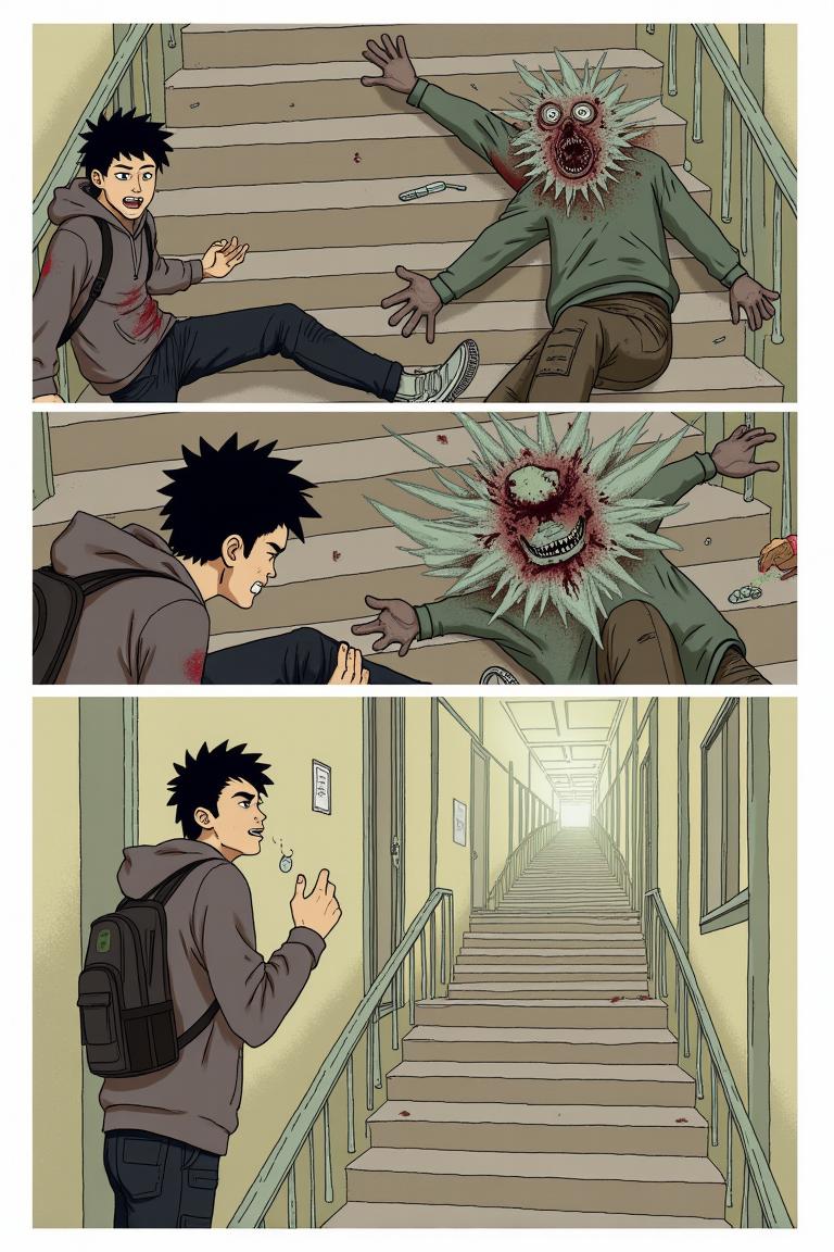 第9章:Upstairs Breath
Jiang Yi recognizes the hulking ascended zombie from the canteen massacre — the corpse whose dropped corpse-core he stole. Trapped in the guard room, he flees upstairs as zombies pound the windows and stairwells, barely holding on when a sudden female zombie ambushes him on the fourth floor. Just as he thinks to finish it, the dormitory door nearby is violently breached, forcing him to run to the fifth floor, heart pounding and hope thinning. - 图片7