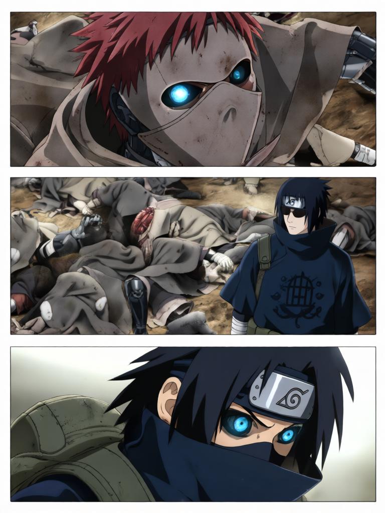 第4章:戈壁剧场：赤砂之蝎的邀约
日向镜与三井中一来到空旷接头点，远处一名裹斗篷的陌生人旁躺着几具砂忍尸体。陌生人揭下面罩，自称赤砂之蝎，现场氛围骤然恶化，沙堆中隐藏的傀儡悄然蠢动。战斗一触即发，日向镜凭借转生眼与轮转如意暂时应对，但埋伏远比想象更深，剧情以巨响与危机为结尾。 - 图片5