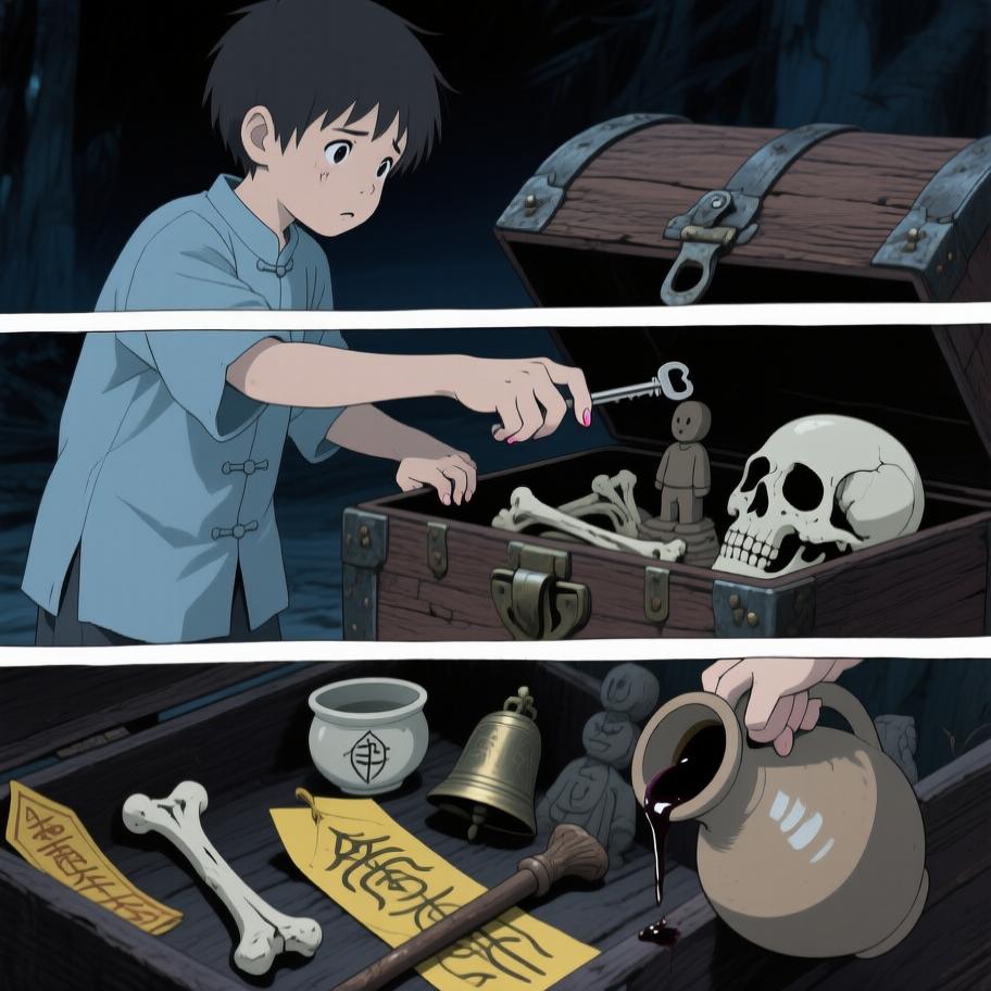 第1章:西屋的绿火与炕沿下的眼珠
我爷在打了人后若无其事带我回家并教我‘有本事能收回惹的祸’，夜里我看到他在西屋用七个白瓷盅和黄纸做法事，盅爆裂、酒流下炕沿，被一个披发、指甲乌黑的影人跪着捧酒喝去；几天后对方家人来跪求，献上黄纸祭品被我爷收下，却扔进仓房并炖了吃。我趁我爷出门偷看箱子，误用御神盅点灯油引发绿火与邪影袭来，最后我昏厥被我爷训斥，揭示我把尿撒进敬神壶冒犯了更大的神灵。 - 图片11