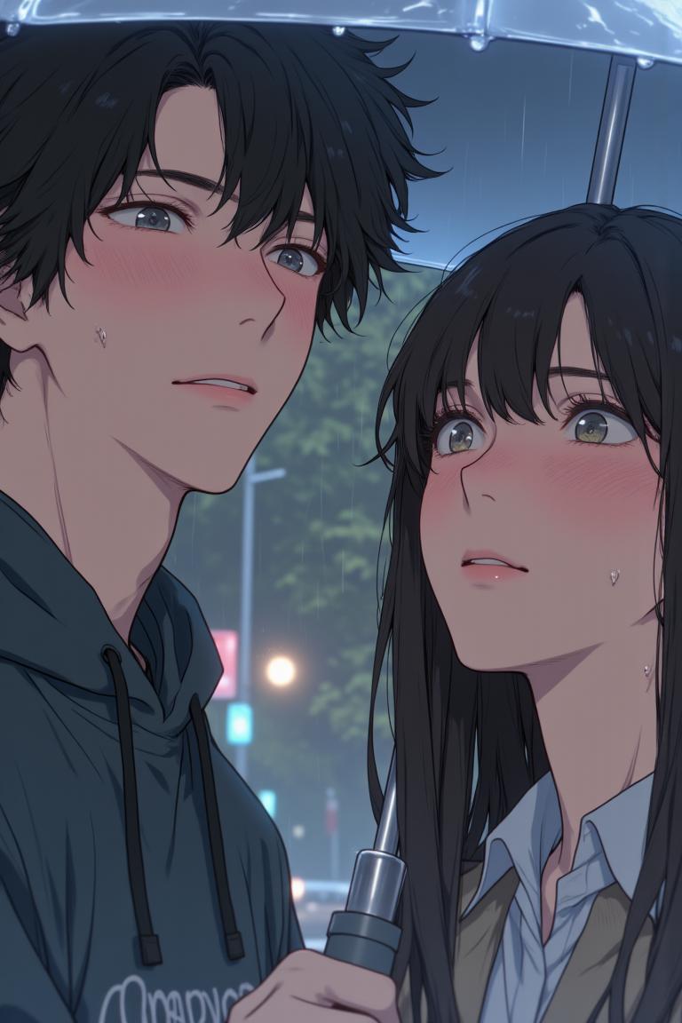 第2章:Rain, Lightning and an Unexpected Meet-cute
Luo Ye leaves the library into a sudden downpour and sees senior Su Baizhou rush out in the rain. He offers her his umbrella; lightning reveals her unexpected fear of thunder. They take shelter, fumble through awkward conversation, and discover via phones that they are linked through mutual acquaintances — turning an ordinary rain delay into a memorable first meeting. - 图片5