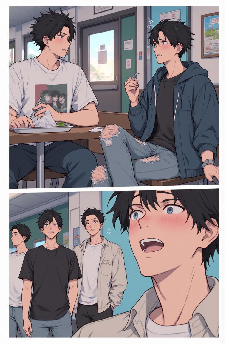 第4章:Dormroom Banter and the Unreachable Senior
After lunch, Shen Qiao politely turns down a flustered girl's flirtation, prompting playful envy from his new roommates. Over photos and teasing, the guys learn about two campus beauties — top-ranked Qin Yuwen and the legendary, aloof senior Su Baizhou — which stirs something thoughtful in Luo Ye. That evening in class, the freshman group receives military-training instructions and is unexpectedly pushed into volunteering for a temporary class monitor, leaving Luo Ye stunned. - 图片4