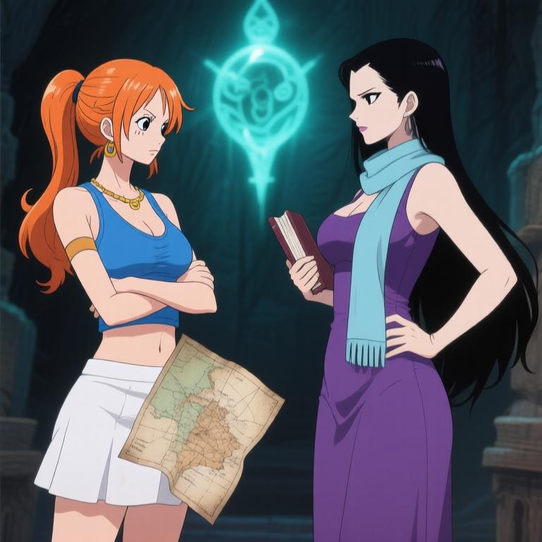 The atmosphere is electric in the hidden chamber as Nami and Robin debate touching the glowing artifacts. My heart races with excitement and apprehension. What awaits us in this ancient mystery? - 图片5