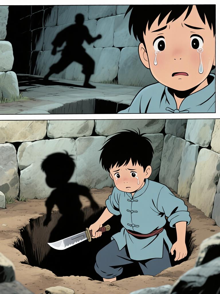 第5章:井底的回魂
野子被我爷放在洞口，用灯笼阻挡外物，他独自下到山洞里寻找命心子。在土台的土坑里挖土时，身后出现熟悉又陌生的声音，逼他回忆起三年前那段模糊又恐怖的记忆。对方宣称当年将他“掐死”，并告诉他脚下埋着当年死时穿的衣服，诱使他继续挖探真相——就在他挖出布片的一瞬，彻底的恐惧袭来，故事推向悬念。 - 图片5