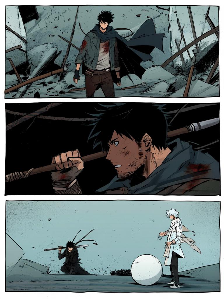 第5章:坠落与试炼
陆隐在城外的黑市以三颗能量晶体买到一张地图，并被赠予一颗珍贵药丸后前往城南荒山寻找线索。钟山顶层会议正在讨论扩张聚集地与损失，众人却被突如其来的天外流星打断。流星坠落形成巨坑，白色宇宙舱出现，一名白甲短发青年从舱中走出并对陆隐所在方向发动突袭，金陵城内外同时陷入混乱与战斗。 - 图片17