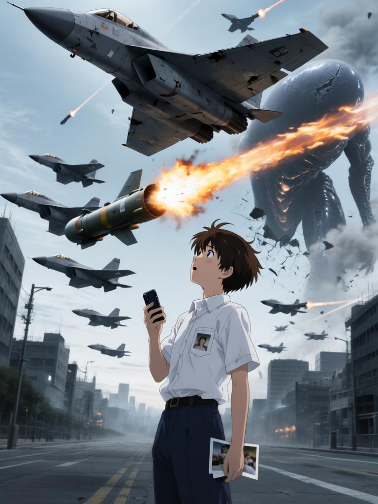 第3章:碎片与救赎的天使圈
空对地导弹射向使徒，却被看不见的屏障挡在前方，使徒反击，战机残骸四散。飞来的碎片朝街头冲来，紫发女子驾车及时横挡救下少年并带他逃离。途中国防部投放的N2地雷引发巨大爆炸，少年被冲击击晕，紫发女子焦急呼喊。 - 图片1