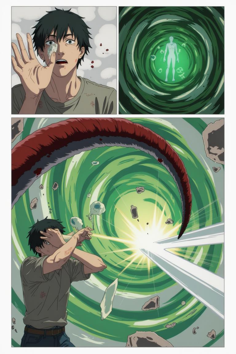 第3章:Two Devils, One Eye
Surrounded by a writhing horde and a towering corpse-mountain, Shisan's two contracted devils manifest: a green, regenerative aura and a colossal crimson claw. He pays the price—losing his right eye—to summon the claw and lashes out, mowing down hordes, but the Zombie Demon bites the claw and retaliates, leaving Shisan wounded and the true fight beginning. Blood, tooth, and smoke set the stage for a desperate duel: Shisan's fury versus the zombified boss that led him into the trap. - 图片5