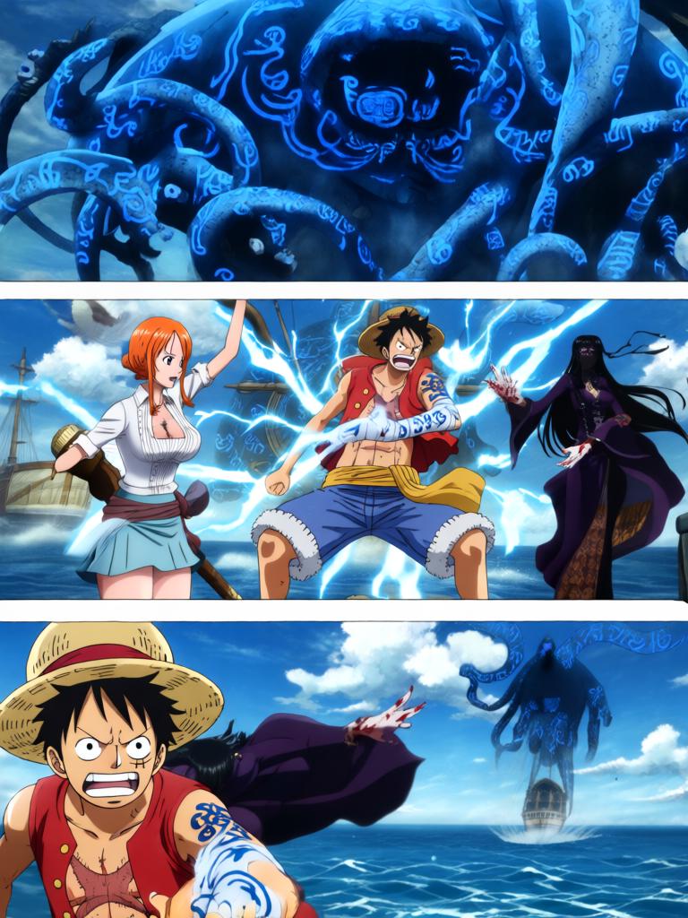 第17章:刀尖与影子：终焉前的搏斗
时间凝固，舵影扯向路飞，娜美与罗宾为了草帽与他的生命拼尽全力。面具人举刀欲献祭，幽蓝符文与甲板上的空气撕裂。就在刀尖将落下时，一个意想不到的影子掠过，打断了瞬间，也将战局推向更深的未知。 - 图片6