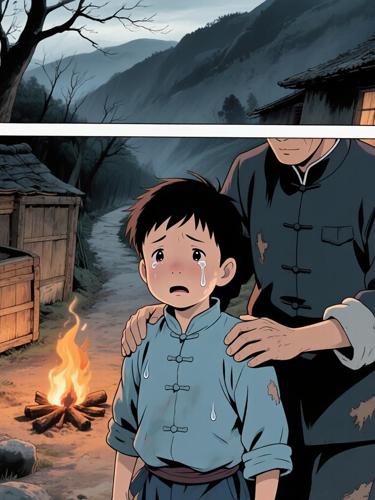 第3章:崖下的坟与承诺
我爷在深山里向我交代万一之事，叮嘱我要在二十四岁回来复仇，并教我如何在他可能牺牲时应对即将从坟中出现的东西。寒风、爆破和白布灯笼构成了这一夜的仪式，我在恐惧中被反复逼着记住每一句话。最后，火堆旁的钟表与他凝固的表情，把等待与不确定拉得更长。 - 图片1