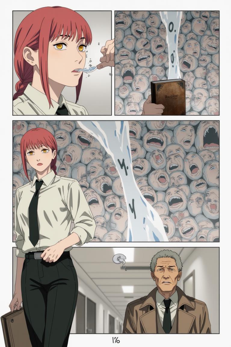 第3章:The Name Between Cracks
Torn fragments of names drift through a scarred apartment corridor as fractured memories stitch back crookedly. Sato refuses to become a 'tool' while Makima and Aoyama argue over whether naming is order, domination, or ledger-bound debt—an emergent memory-entity devours and reshapes recollection. Makima tests a dangerous middle path, reaching into the memory mass as footsteps and a slammed door promise an immediate, bloody decision about who will name the world. - 图片17