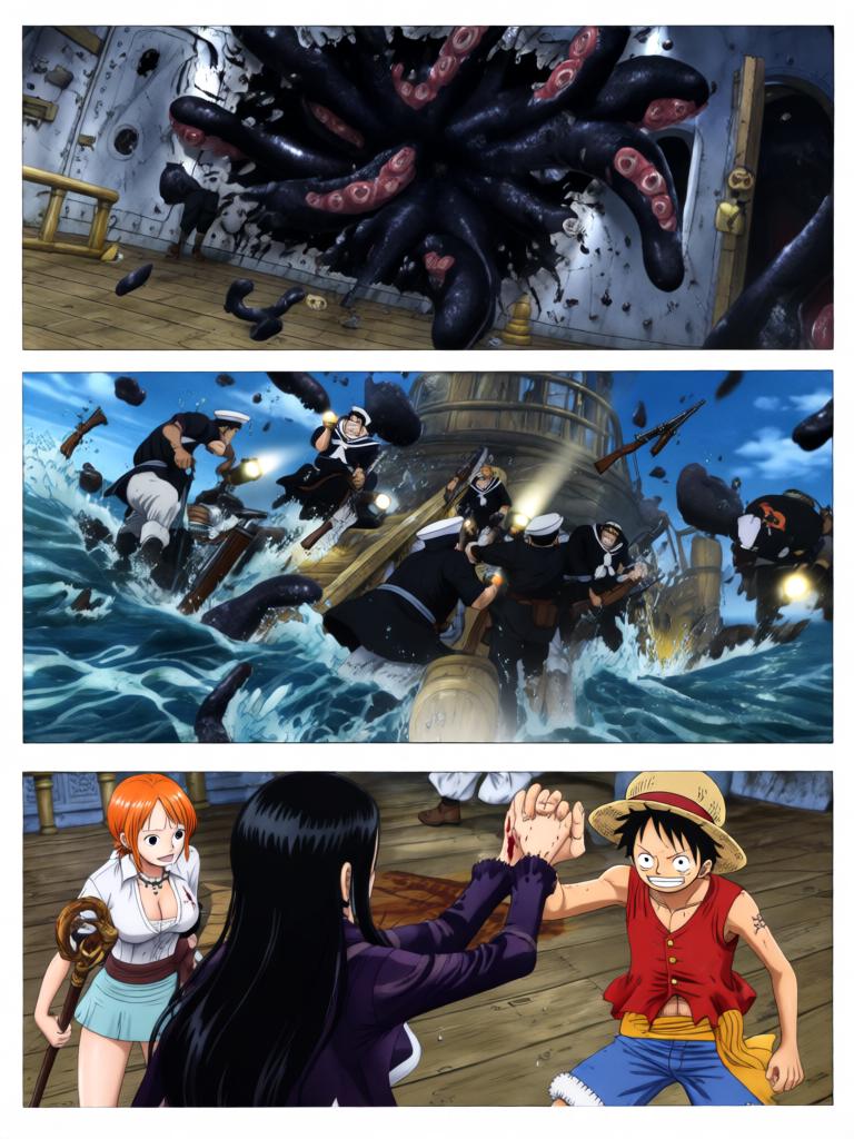 第5章:舵影之下的回归
舱内三人被束缚，敌方准备以草帽与“D”的血发动古老仪式。娜美与罗宾合力突围，将草帽试图戴回路飞，海心罗盘爆发幽蓝光芒唤醒海上的巨大舵影。舵影浮现，三人面对古老力量并肩应战，真相与毁灭的边缘一触即发。 - 图片12