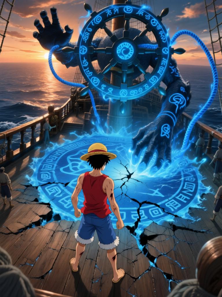 第7章:舵影之下的承诺
幽蓝符文从舵影爬下，甲板在力量下濒临撕裂，路飞被符文与锁链束缚。娜美与罗宾同时扑上，争夺草帽与救援路飞，三人间在危机中迸发出复杂的情感与决心。面具下的陌生熟面现身，宣告“D”的继承者将被揭晓，故事在刀刃和手指即将触碰的一刻定格，下一秒将改变一切。 - 图片1