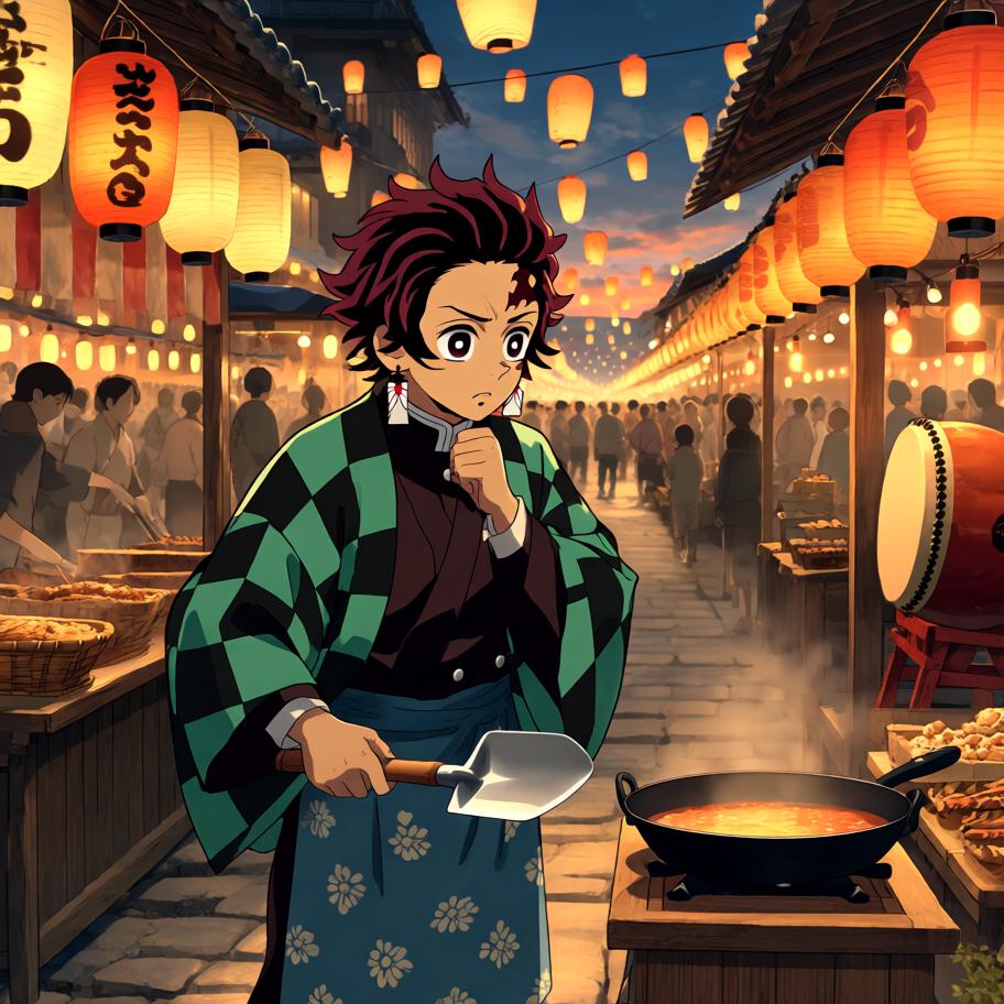 在村祭的临时料理大赛上，炭治郎决定把“呼吸法”用在烹饪上，目标是做出完美的煎饼以博得大家欢心。过程中冲突来自他把战斗式的呼吸误用到厨房，引发火焰失控与观众笑声。情绪从平静训练→紧张失控→高能拯救与意外好评，最后以悬念收尾：有人在远处吹响了号角，暗示新的竞争者到来。 - 图片1