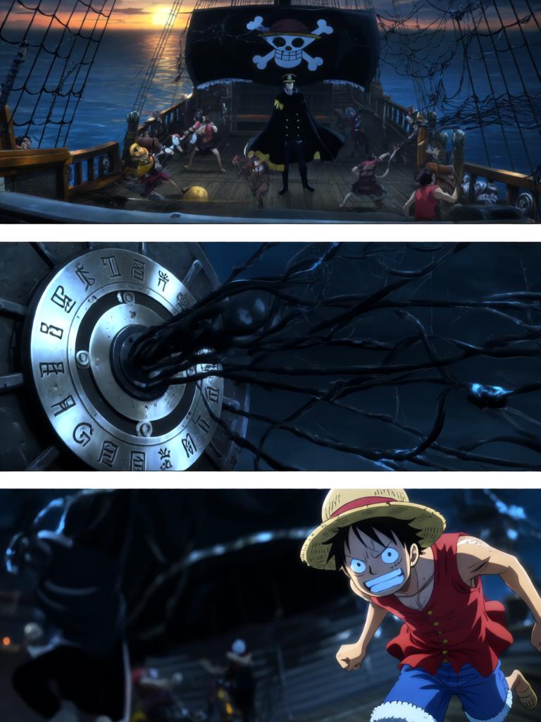 第4章:夕阳下的撕扯——草帽、誓言与引路的罗盘
千阳号被黑色舰队撞击，路飞被抛起并失去行动能力；娜美与罗宾并肩拆除抑制装置，两人因抢救草帽与路飞发生激烈拉扯；旗舰将三人吞入舱口，草帽留在甲板上，海心罗盘指向更远的谜题，娜美与罗宾立誓要把他们带回。 - 图片3