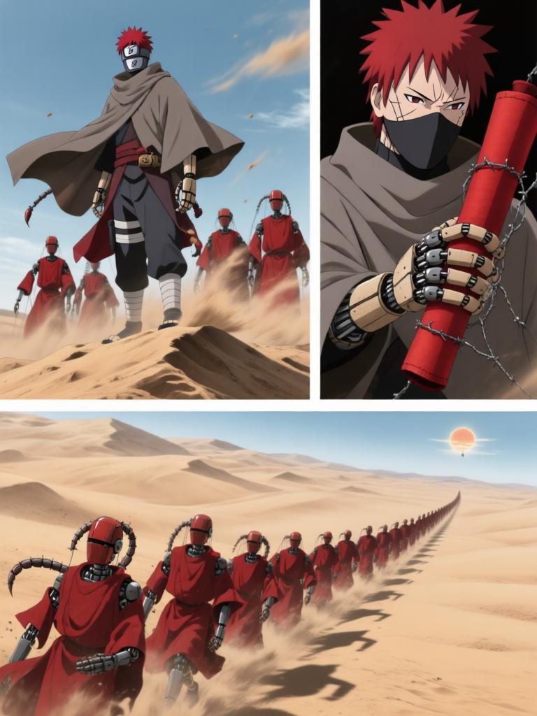 第7章:毁尸与戏码
日向镜在空中果断投掷起爆苦无，将三井中一的尸体炸得七零八落，以断绝赤砂之蝎借尸索索身份线索。回到哨所前，他将三代风影人傀儡伪装成追杀者演出受伤逃回的戏码，引出哨所内人的疑虑与恐惧。尽管暂时掩人耳目，日向镜与哨所同伴意识到更深层的威胁，怀疑有人来自根部，追击与内部裂痕的阴影尚未散去。 - 图片4