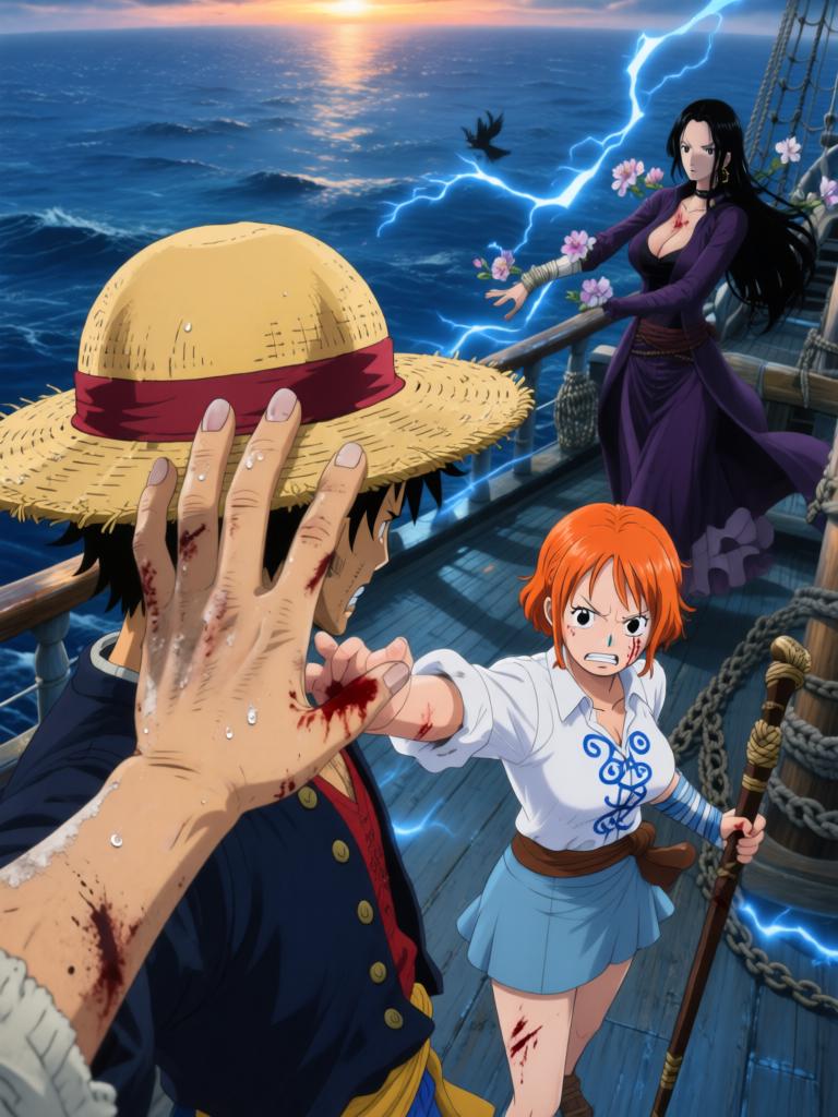 第17章:刀尖与影子：终焉前的搏斗
时间凝固，舵影扯向路飞，娜美与罗宾为了草帽与他的生命拼尽全力。面具人举刀欲献祭，幽蓝符文与甲板上的空气撕裂。就在刀尖将落下时，一个意想不到的影子掠过，打断了瞬间，也将战局推向更深的未知。 - 图片1