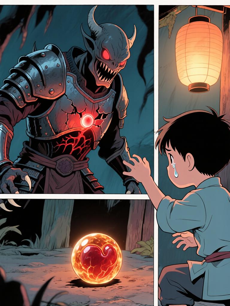 第4章:灯笼下的命心子
夜色中，陈如飞布下爆破，引出洞中的怪物；野子被炸入洞内，举灯挡住来袭生物并被迫深入寻找那生物胸中的命心子。陈如飞为保护野子与怪物搏斗，最终被拖入黑洞，野子带着命心子逃出，决心将来复仇。 - 图片11