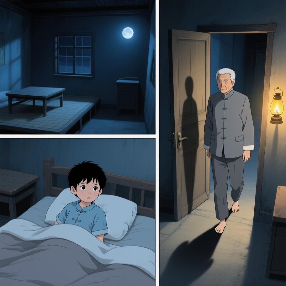 第1章:西屋的绿火与炕沿下的眼珠
我爷在打了人后若无其事带我回家并教我‘有本事能收回惹的祸’，夜里我看到他在西屋用七个白瓷盅和黄纸做法事，盅爆裂、酒流下炕沿，被一个披发、指甲乌黑的影人跪着捧酒喝去；几天后对方家人来跪求，献上黄纸祭品被我爷收下，却扔进仓房并炖了吃。我趁我爷出门偷看箱子，误用御神盅点灯油引发绿火与邪影袭来，最后我昏厥被我爷训斥，揭示我把尿撒进敬神壶冒犯了更大的神灵。 - 图片2