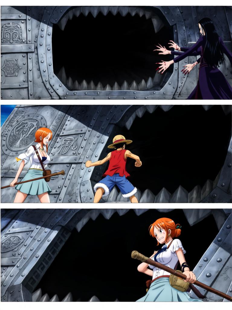 第4章:夕阳下的撕扯——草帽、誓言与引路的罗盘
千阳号被黑色舰队撞击，路飞被抛起并失去行动能力；娜美与罗宾并肩拆除抑制装置，两人因抢救草帽与路飞发生激烈拉扯；旗舰将三人吞入舱口，草帽留在甲板上，海心罗盘指向更远的谜题，娜美与罗宾立誓要把他们带回。 - 图片12