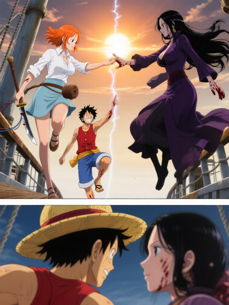 第3章:千阳号的锤音：草帽的回响
黑色舰队撞击千阳号，路飞被抛起，娜美与罗宾几乎同时伸手救他，三人之间的情感在危机中爆发。敌方欲以“D的血”和草帽为钥，旗舰下令夺取草帽。草帽在夕阳下发出异光，甲板上形成一瞬的迟疑，战斗与秘密同时走到悬崖边。 - 图片2