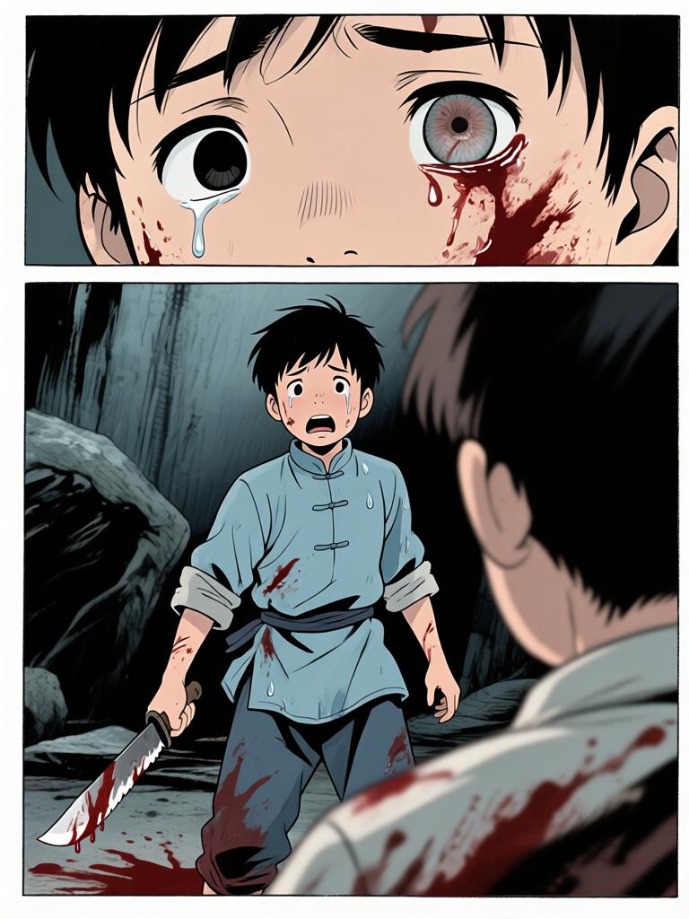 第6章:洞中的衣袖与夜叉的宴席
我在土里挖出当年丢失的新衣，背后冷笑催我继续翻掘。随着木屑与血迹暴露出一张被烫瞎的白眼人脸，灯笼一度熄暗又骤亮，黑影扑来，混乱中我咬下了温热的肉并昏厥。醒来在家中，爷身着白布与黑礼帽，端上煮肉与一根鲜红手指，告诉我吃下才能入门，从此我的命被钩进了不可名状的江湖。 - 图片7