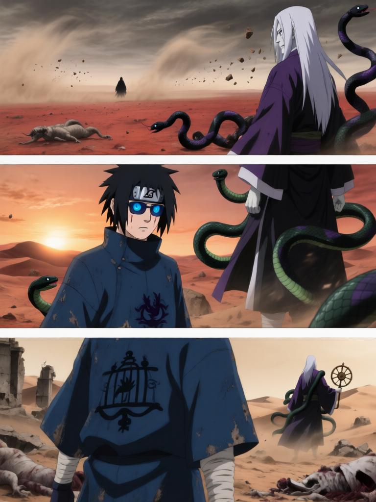 第5章:铁砂之舞与断线的假面
日向镜用轮转如意试图吸来赤砂之蝎，本以为能以此扭转劣势，结果吸来的竟是三代风影的人傀儡，查克拉线被扯断。傀儡自爆与漫天铁砂令沙场大乱，赤砂之蝎借机施展更多机关，局势危急。危急时刻，大蛇丸现身打断战局，蝎趁乱撤退，日向镜在硝烟中守住了三代风影的秘密，但新的威胁与谜题浮现。 - 图片18