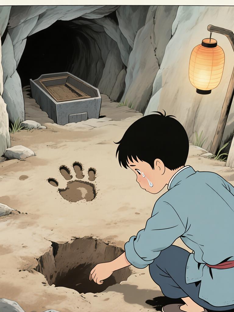 第5章:井底的回魂
野子被我爷放在洞口，用灯笼阻挡外物，他独自下到山洞里寻找命心子。在土台的土坑里挖土时，身后出现熟悉又陌生的声音，逼他回忆起三年前那段模糊又恐怖的记忆。对方宣称当年将他“掐死”，并告诉他脚下埋着当年死时穿的衣服，诱使他继续挖探真相——就在他挖出布片的一瞬，彻底的恐惧袭来，故事推向悬念。 - 图片4