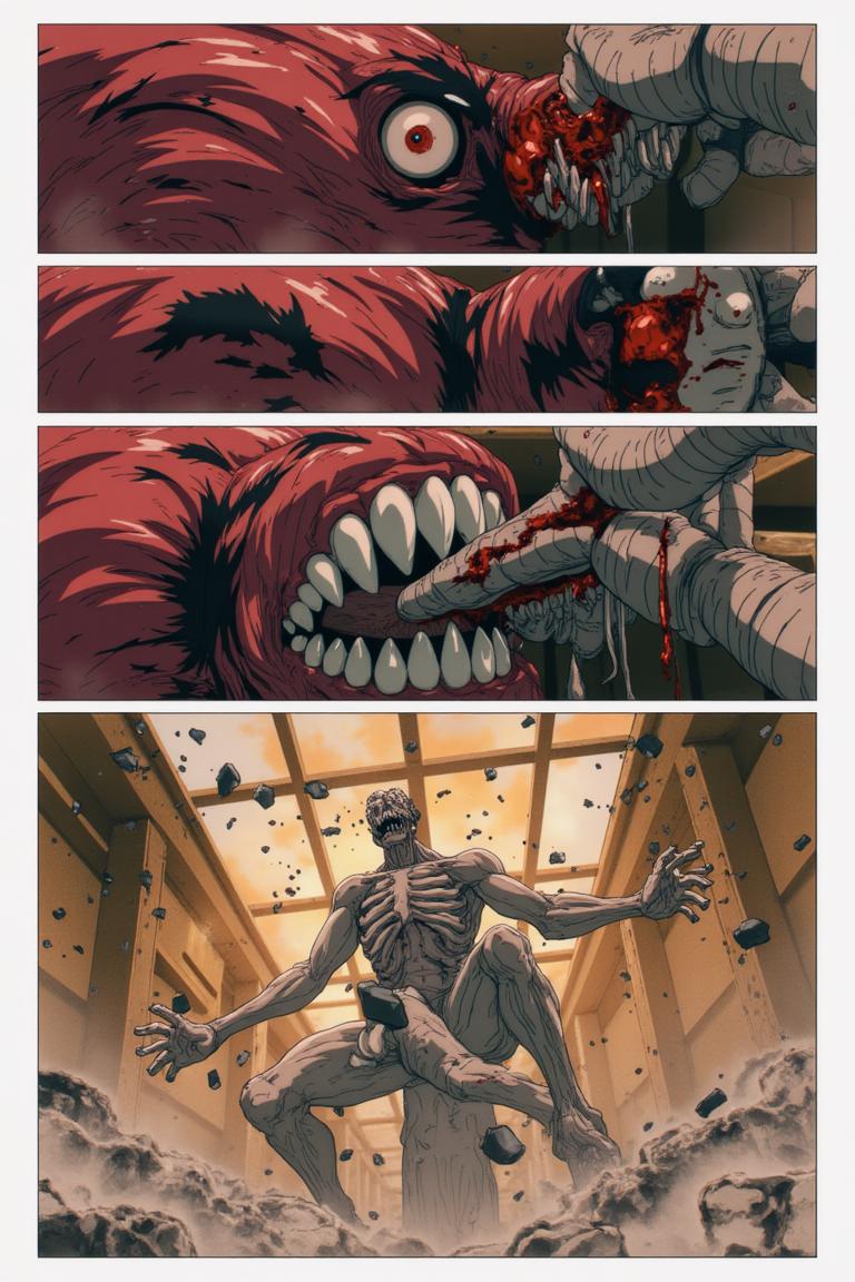 第4章:Red Maw, Green Remedy
Shisan is slammed and trapped by the flexible, brutal arms of the Zombie Demon as his regenerative Viridian Devil struggles to keep him whole. The Claw Devil and the Gluttony (Famine) Devil intervene in a savage ballet of tearing flesh and roaring hunger, turning the fight into an all-consuming purge. Exhausted and half-destroyed, Shisan collapses unconscious — only to be cradled and prodded awake by a calm woman with a braid who calls herself Makima. - 图片9