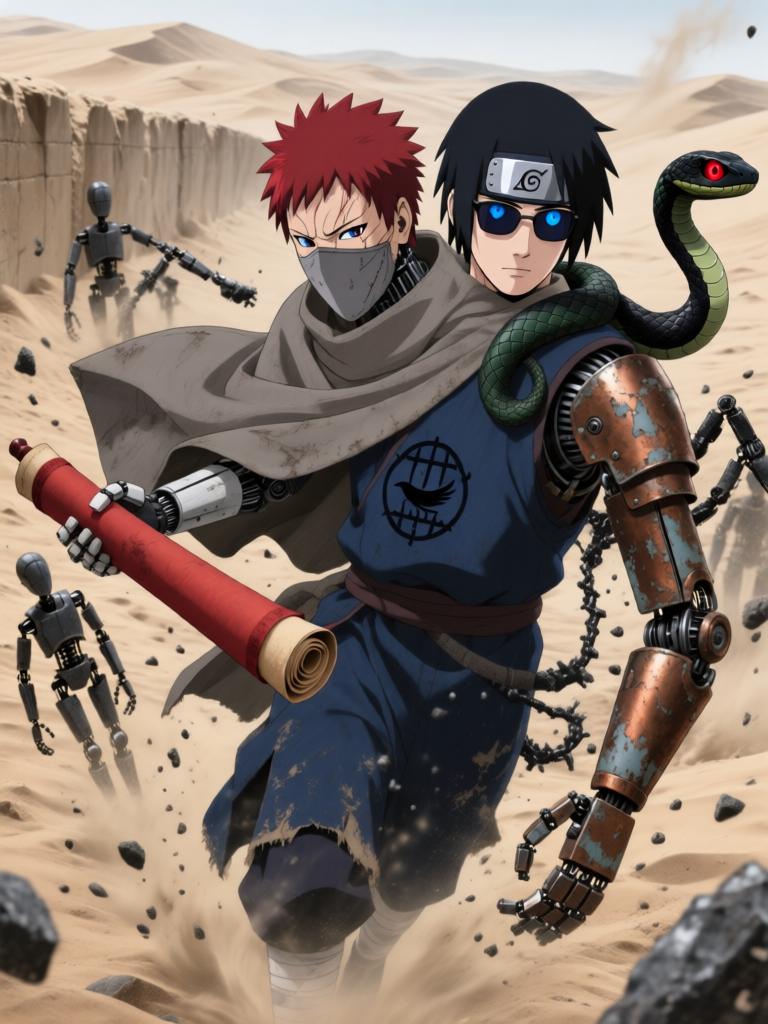 第6章:铁砂之下的抉择
日向镜在战场中被迫激活三代风影人傀儡以自保，赤砂之蝎召出十具红袍傀儡发动毒刃远程攻势。铁砂护盾连番承受骨质千本的撞击，形势愈发危急，日向镜不得不冒着生命危险注入转生眼查克拉唤醒傀儡的自主性以求突围。结尾以疲惫却决绝的日向镜与傀儡守护被毒侵蚀的秘密，留下未解的追击威胁与新的谜团。 - 图片17