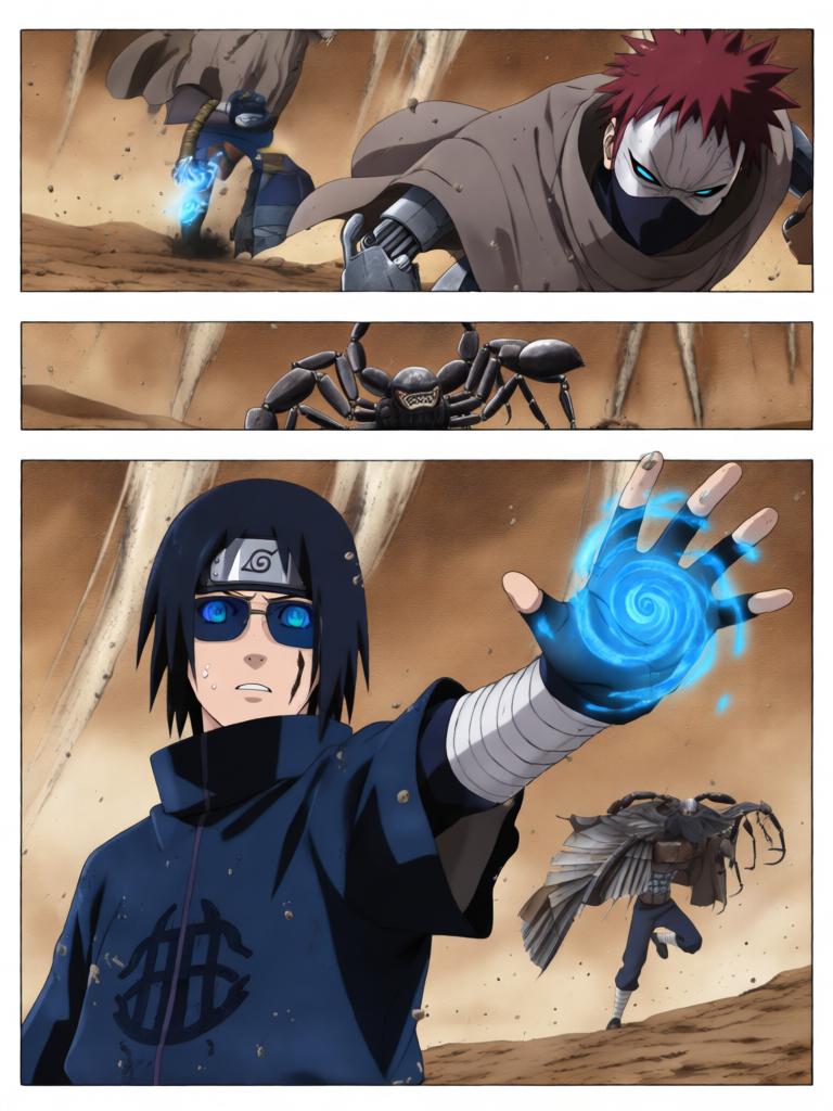 第5章:铁砂之舞与断线的假面
日向镜用轮转如意试图吸来赤砂之蝎，本以为能以此扭转劣势，结果吸来的竟是三代风影的人傀儡，查克拉线被扯断。傀儡自爆与漫天铁砂令沙场大乱，赤砂之蝎借机施展更多机关，局势危急。危急时刻，大蛇丸现身打断战局，蝎趁乱撤退，日向镜在硝烟中守住了三代风影的秘密，但新的威胁与谜题浮现。 - 图片7