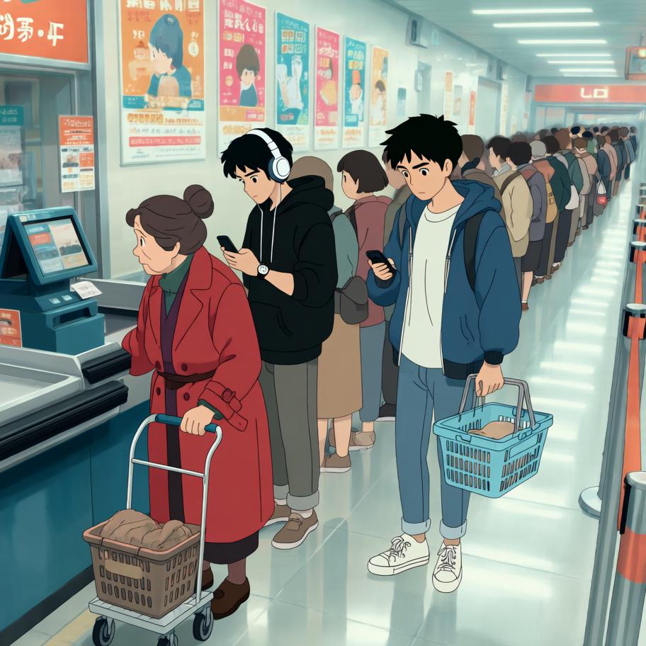小王在超市排长队结账，发现无人排队的自助结账机后兴奋尝试，却连续扫码失败并触发警报，引来围观。保安介入轻松解决，他尴尬离开；出门时警报再次响起，袋中探出一只偷偷钻进去的猫，留下幽默的反转与悬念。 - 图片2
