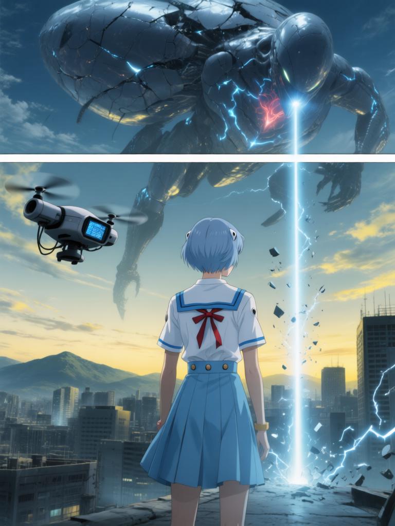 第2章:虚雾之际·蓝发幽影
第二新东京市在紧急疏散中陷入死寂，紫发女子急寻那个害羞的少年。少年在街头意外看见神秘的蓝发少女凌波丽，而远方天际出现了巨大的使徒。指挥部在屏幕前冷笑，隐藏的计划悄然启动。 - 图片10