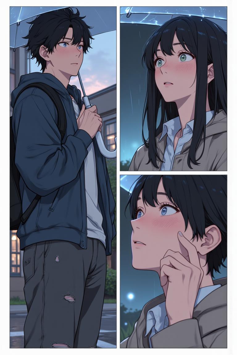 第2章:Rain, Lightning and an Unexpected Meet-cute
Luo Ye leaves the library into a sudden downpour and sees senior Su Baizhou rush out in the rain. He offers her his umbrella; lightning reveals her unexpected fear of thunder. They take shelter, fumble through awkward conversation, and discover via phones that they are linked through mutual acquaintances — turning an ordinary rain delay into a memorable first meeting. - 图片17