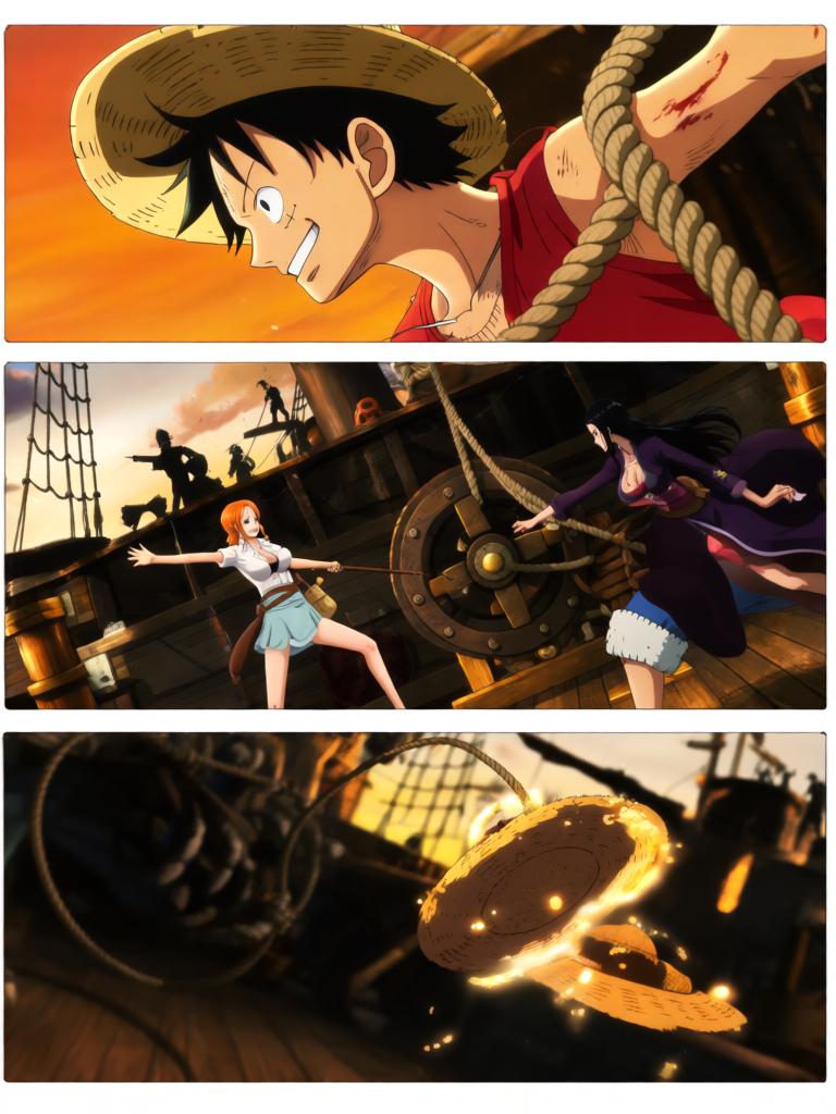 第4章:夕阳下的撕扯——草帽、誓言与引路的罗盘
千阳号被黑色舰队撞击，路飞被抛起并失去行动能力；娜美与罗宾并肩拆除抑制装置，两人因抢救草帽与路飞发生激烈拉扯；旗舰将三人吞入舱口，草帽留在甲板上，海心罗盘指向更远的谜题，娜美与罗宾立誓要把他们带回。 - 图片7