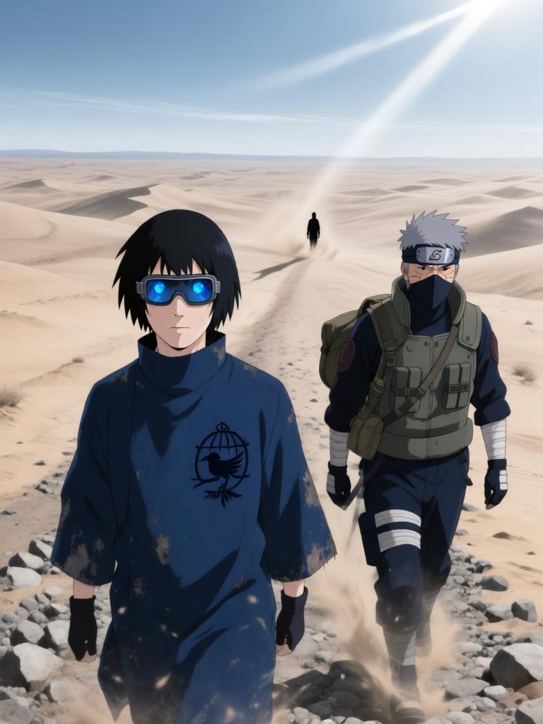 第4章:戈壁剧场：赤砂之蝎的邀约
日向镜与三井中一来到空旷接头点，远处一名裹斗篷的陌生人旁躺着几具砂忍尸体。陌生人揭下面罩，自称赤砂之蝎，现场氛围骤然恶化，沙堆中隐藏的傀儡悄然蠢动。战斗一触即发，日向镜凭借转生眼与轮转如意暂时应对，但埋伏远比想象更深，剧情以巨响与危机为结尾。 - 图片1