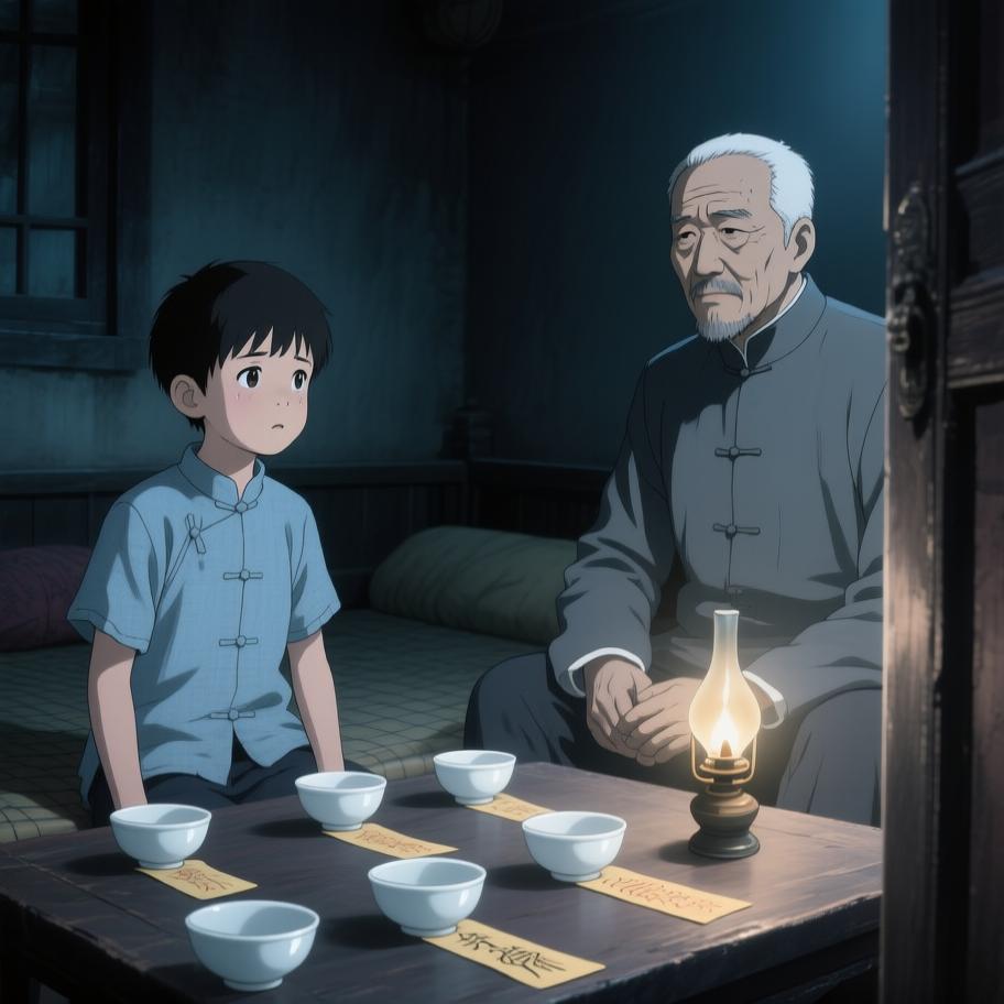 第1章:西屋的绿火与炕沿下的眼珠
我爷在打了人后若无其事带我回家并教我‘有本事能收回惹的祸’，夜里我看到他在西屋用七个白瓷盅和黄纸做法事，盅爆裂、酒流下炕沿，被一个披发、指甲乌黑的影人跪着捧酒喝去；几天后对方家人来跪求，献上黄纸祭品被我爷收下，却扔进仓房并炖了吃。我趁我爷出门偷看箱子，误用御神盅点灯油引发绿火与邪影袭来，最后我昏厥被我爷训斥，揭示我把尿撒进敬神壶冒犯了更大的神灵。 - 图片3