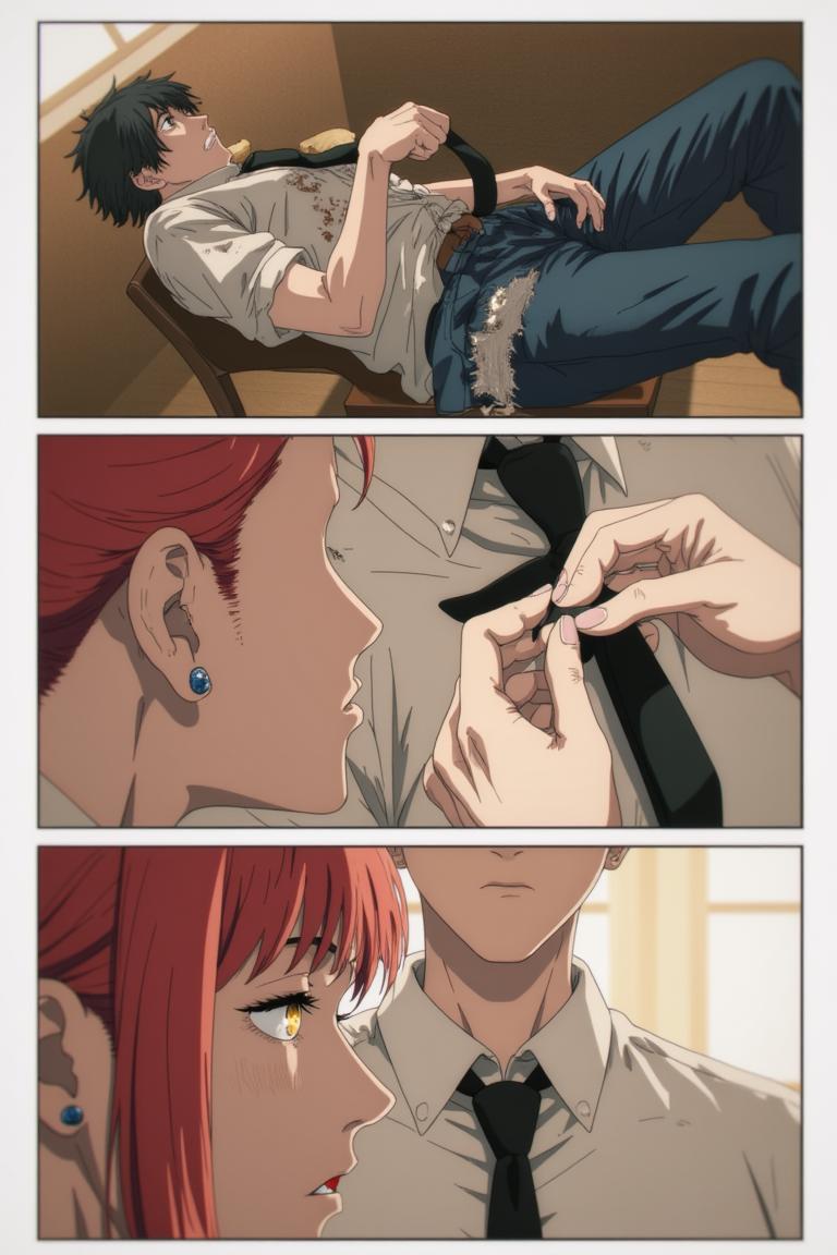 第5章:A New Assignment — Muscle Devil on Kujawano Street
Shisan, still dazed by Makima's unexpected gentleness, accepts bread and a place under her command before being fitted into a Public Safety uniform. He's assigned to Special Action 4 under Hayakawa Aki and leaps onto Aki's motorcycle to a demon assault on Kujawano Street. There, they encounter a towering Muscle Devil — a brutal chase and clash begin that forces Shisan and Aki to retreat into a ruined building as the devil pursues them. - 图片4