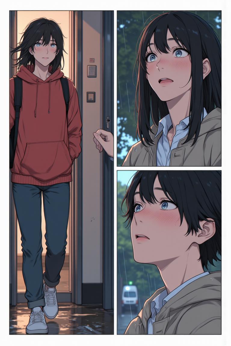 第2章:Rain, Lightning and an Unexpected Meet-cute
Luo Ye leaves the library into a sudden downpour and sees senior Su Baizhou rush out in the rain. He offers her his umbrella; lightning reveals her unexpected fear of thunder. They take shelter, fumble through awkward conversation, and discover via phones that they are linked through mutual acquaintances — turning an ordinary rain delay into a memorable first meeting. - 图片3