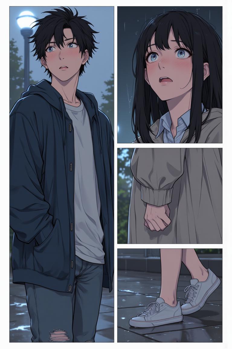 第3章:After the Rain, New Beginnings
Luo Ye shelters Su Baizhou from a sudden downpour by giving her his jacket; he watches her walk away and is struck by regret and fascination. He returns to the dorm and meets his new roommates — the friendly hometown guy Li Haoyang, the impossibly handsome Shen Qiao, and the goofy but warm Wang Dachui — and they bond over small talk and preparations for the upcoming military training. The brief rain encounter lingers in Luo Ye's thoughts as he steps into campus life with new companions. - 图片2