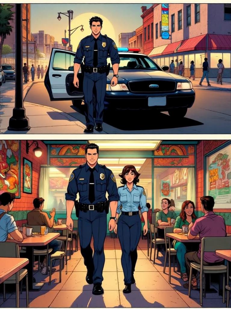 第7章:午餐时光：Code 7 的笑声与警徽
洛克与搭档大卫在墨西哥快餐店用午餐，和同事们拼桌。大家围绕上午的无线电乌龙笑成一团，莫娜警司严肃提醒“乌鸦嘴”的危险。气氛在训斥与打趣之间反复，直到兰迪二人登场用老梗彻底点燃笑声。 - 图片1