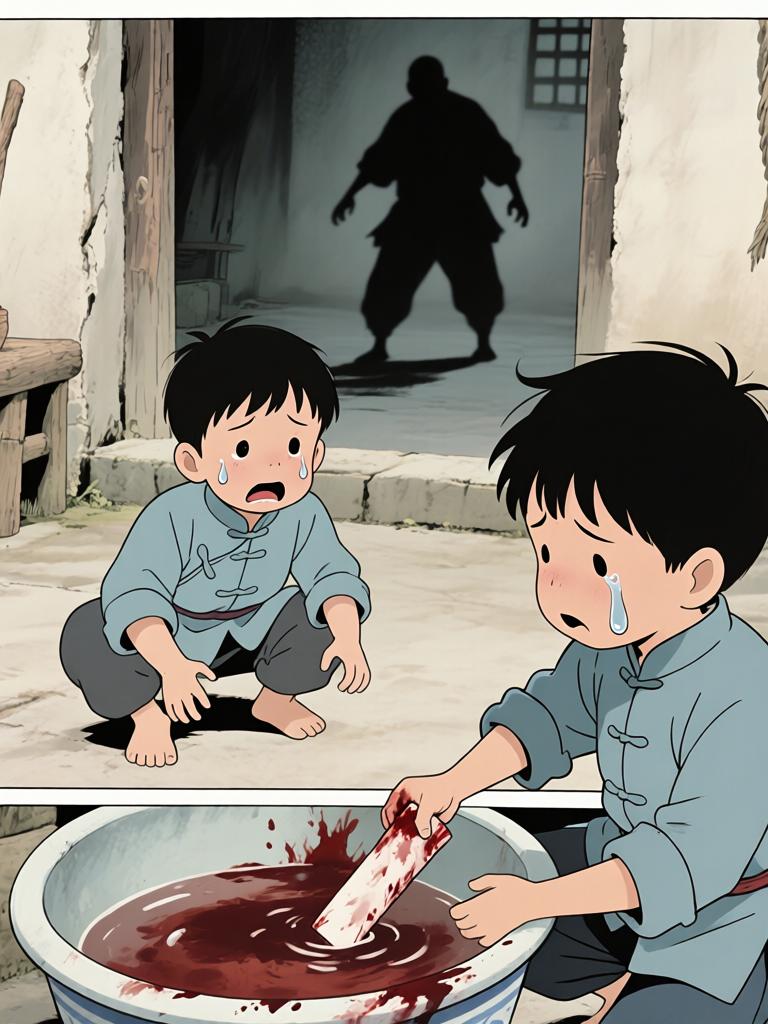 第6章:洞中的衣袖与夜叉的宴席
我在土里挖出当年丢失的新衣，背后冷笑催我继续翻掘。随着木屑与血迹暴露出一张被烫瞎的白眼人脸，灯笼一度熄暗又骤亮，黑影扑来，混乱中我咬下了温热的肉并昏厥。醒来在家中，爷身着白布与黑礼帽，端上煮肉与一根鲜红手指，告诉我吃下才能入门，从此我的命被钩进了不可名状的江湖。 - 图片17