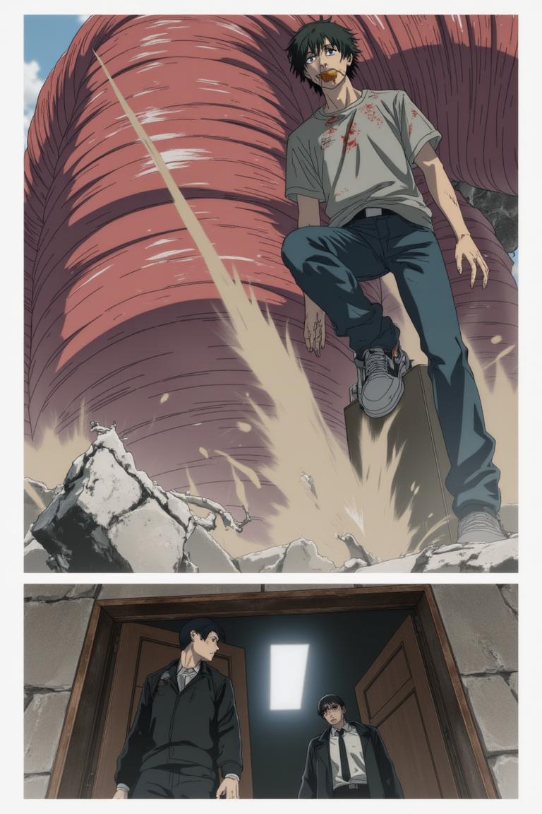 第5章:A New Assignment — Muscle Devil on Kujawano Street
Shisan, still dazed by Makima's unexpected gentleness, accepts bread and a place under her command before being fitted into a Public Safety uniform. He's assigned to Special Action 4 under Hayakawa Aki and leaps onto Aki's motorcycle to a demon assault on Kujawano Street. There, they encounter a towering Muscle Devil — a brutal chase and clash begin that forces Shisan and Aki to retreat into a ruined building as the devil pursues them. - 图片14