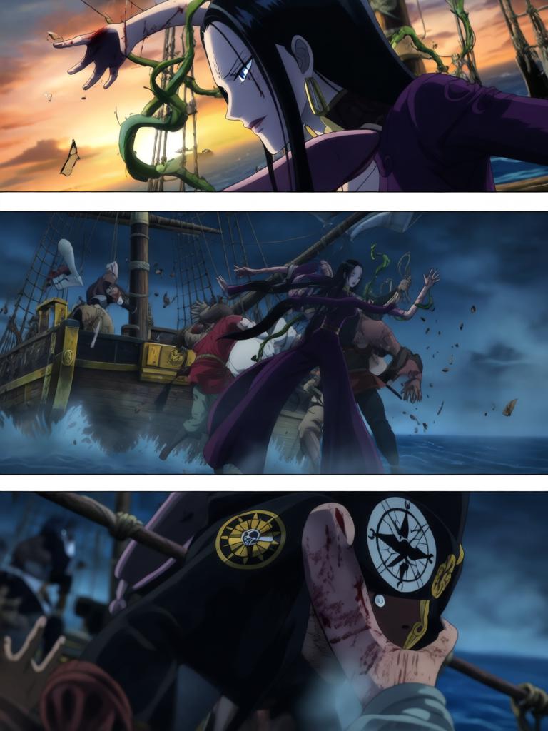 第2章:千阳号的呼救：黑翼罗盘与两位守护者
黑色舰队突然撞向千阳号，路飞被抛起，娜美与罗宾同时伸手相救，触碰之际情感流动。敌方暴露他们要“D”的血作为钥匙，放出能抑制橡胶能力的黑色网。娜美与罗宾放下争执并肩拆除抑制装置，路飞怒吼迎敌，海心罗盘指针直指他胸口，旗舰下令：把他带上船来。 - 图片5