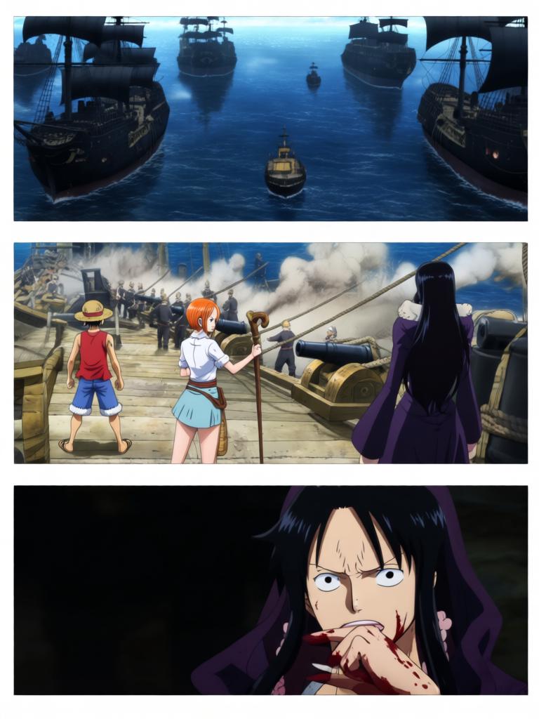 第538章:失落之路的呼唤
晨光如刀，千阳号甲板上紧张在娜美与罗宾之间酝酿。三人上岛追寻传说中的“海心罗盘”，拍卖场上埋伏暴露出更大的阴谋：罗盘是钥匙，指向一个与路飞有关的古老碎片。就在真相渐近之时，黑色舰队出现，巨影疾撞向千阳号，故事在撞击前戛然而止。 - 图片17