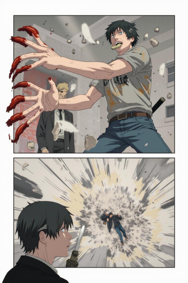 第6章:Collapse and Oden: Shisan and Aki
Inside a crumbling building the Muscle Devil smashes pillars and goads Shisan out of hiding. Aki fights wildly, Shisan's Gluttony-bound claws strike and become trapped as the Muscle Devil reveals the true snare — only to be decapitated by Aki's blade. After the rubble, awkward camaraderie and Makima's quiet orders send Shisan to room with Aki, and the chapter closes on a messy, warm meal at an oden stall. - 图片7