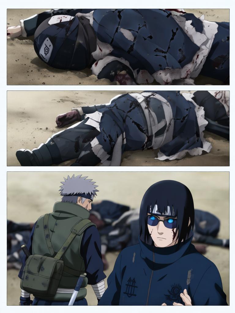 第4章:戈壁剧场：赤砂之蝎的邀约
日向镜与三井中一来到空旷接头点，远处一名裹斗篷的陌生人旁躺着几具砂忍尸体。陌生人揭下面罩，自称赤砂之蝎，现场氛围骤然恶化，沙堆中隐藏的傀儡悄然蠢动。战斗一触即发，日向镜凭借转生眼与轮转如意暂时应对，但埋伏远比想象更深，剧情以巨响与危机为结尾。 - 图片4