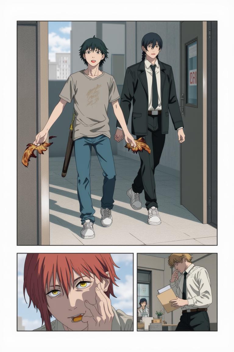 第6章:Collapse and Oden: Shisan and Aki
Inside a crumbling building the Muscle Devil smashes pillars and goads Shisan out of hiding. Aki fights wildly, Shisan's Gluttony-bound claws strike and become trapped as the Muscle Devil reveals the true snare — only to be decapitated by Aki's blade. After the rubble, awkward camaraderie and Makima's quiet orders send Shisan to room with Aki, and the chapter closes on a messy, warm meal at an oden stall. - 图片13