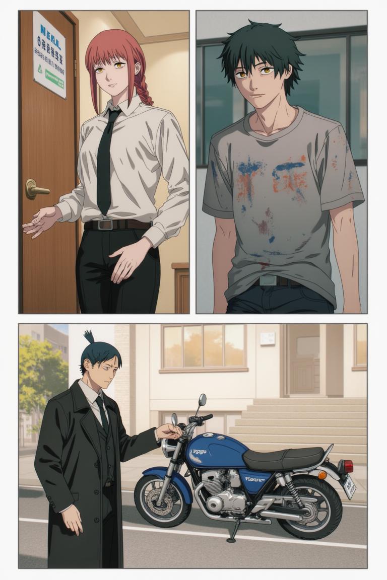 第5章:A New Assignment — Muscle Devil on Kujawano Street
Shisan, still dazed by Makima's unexpected gentleness, accepts bread and a place under her command before being fitted into a Public Safety uniform. He's assigned to Special Action 4 under Hayakawa Aki and leaps onto Aki's motorcycle to a demon assault on Kujawano Street. There, they encounter a towering Muscle Devil — a brutal chase and clash begin that forces Shisan and Aki to retreat into a ruined building as the devil pursues them. - 图片6