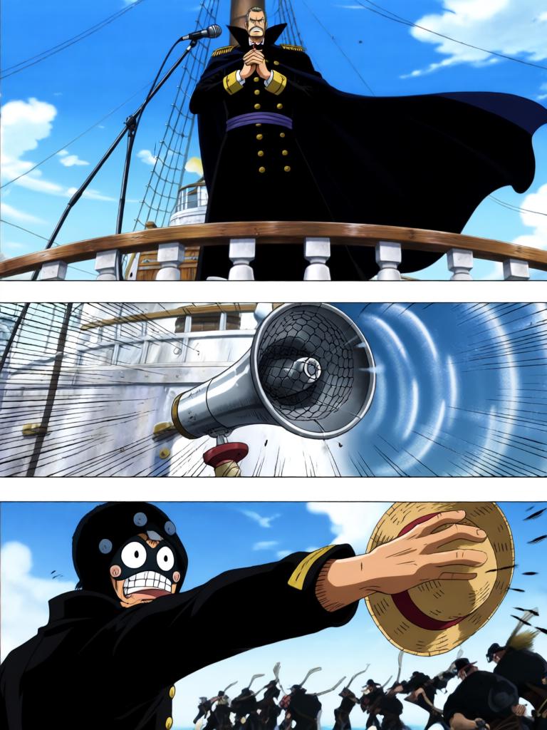 第3章:千阳号的锤音：草帽的回响
黑色舰队撞击千阳号，路飞被抛起，娜美与罗宾几乎同时伸手救他，三人之间的情感在危机中爆发。敌方欲以“D的血”和草帽为钥，旗舰下令夺取草帽。草帽在夕阳下发出异光，甲板上形成一瞬的迟疑，战斗与秘密同时走到悬崖边。 - 图片13