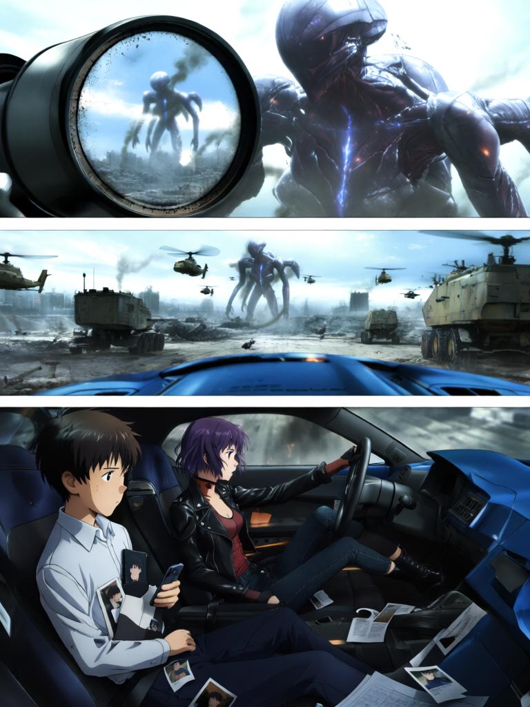 第3章:碎片与救赎的天使圈
空对地导弹射向使徒，却被看不见的屏障挡在前方，使徒反击，战机残骸四散。飞来的碎片朝街头冲来，紫发女子驾车及时横挡救下少年并带他逃离。途中国防部投放的N2地雷引发巨大爆炸，少年被冲击击晕，紫发女子焦急呼喊。 - 图片8